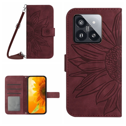 

For Xiaomi 14 Pro Skin Feel Sun Flower Embossed Flip Leather Phone Case with Lanyard(Wine Red)