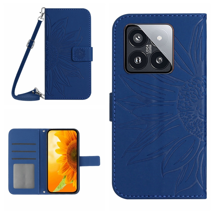 

For Xiaomi 14 Pro Skin Feel Sun Flower Embossed Flip Leather Phone Case with Lanyard(Dark Blue)