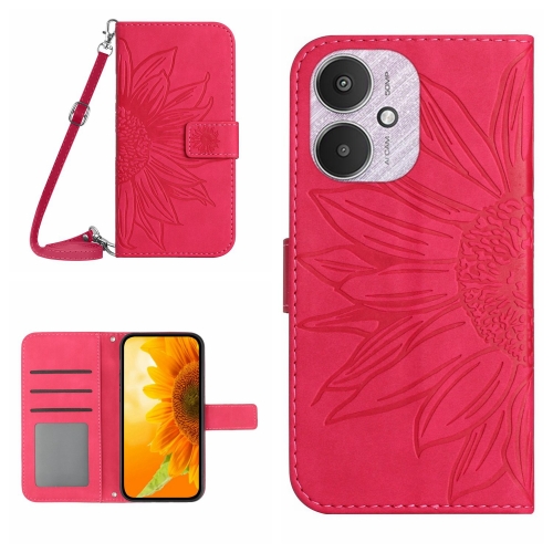 

For Xiaomi Redmi 13C 5G Skin Feel Sun Flower Embossed Flip Leather Phone Case with Lanyard(Rose Red)