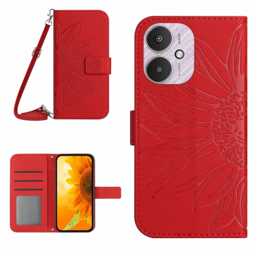 

For Xiaomi Redmi 13C 5G Skin Feel Sun Flower Embossed Flip Leather Phone Case with Lanyard(Red)