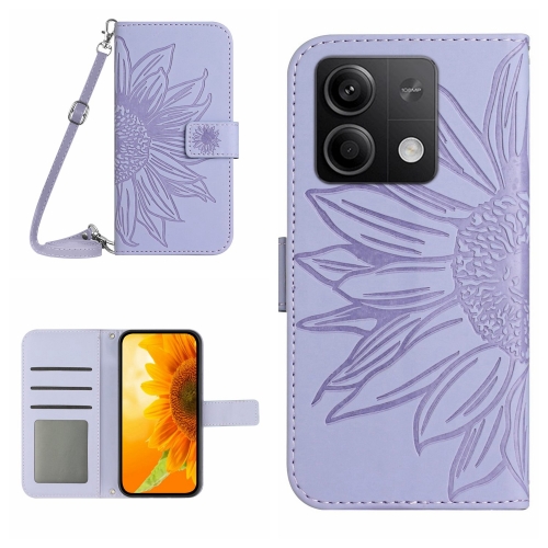 

For Xiaomi Redmi Note 13 4G Global Skin Feel Sun Flower Embossed Flip Leather Phone Case with Lanyard(Purple)