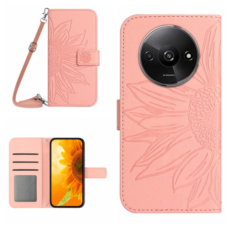 

For Xiaomi Redmi A3 Skin Feel Sun Flower Embossed Flip Leather Phone Case with Lanyard(Pink)