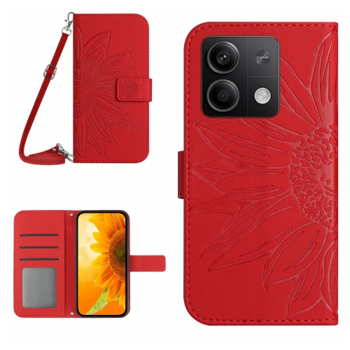

For Xiaomi Redmi Note 13 Pro 4G Global Skin Feel Sun Flower Embossed Flip Leather Phone Case with Lanyard(Red)