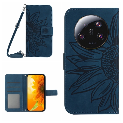 

For Xiaomi 14 Ultra Skin Feel Sun Flower Embossed Flip Leather Phone Case with Lanyard(Inky Blue)