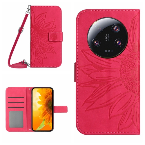 

For Xiaomi 14 Ultra Skin Feel Sun Flower Embossed Flip Leather Phone Case with Lanyard(Rose Red)