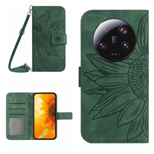 

For Xiaomi 14 Ultra Skin Feel Sun Flower Embossed Flip Leather Phone Case with Lanyard(Green)