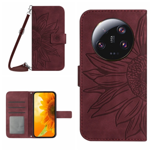 

For Xiaomi 14 Ultra Skin Feel Sun Flower Embossed Flip Leather Phone Case with Lanyard(Wine Red)