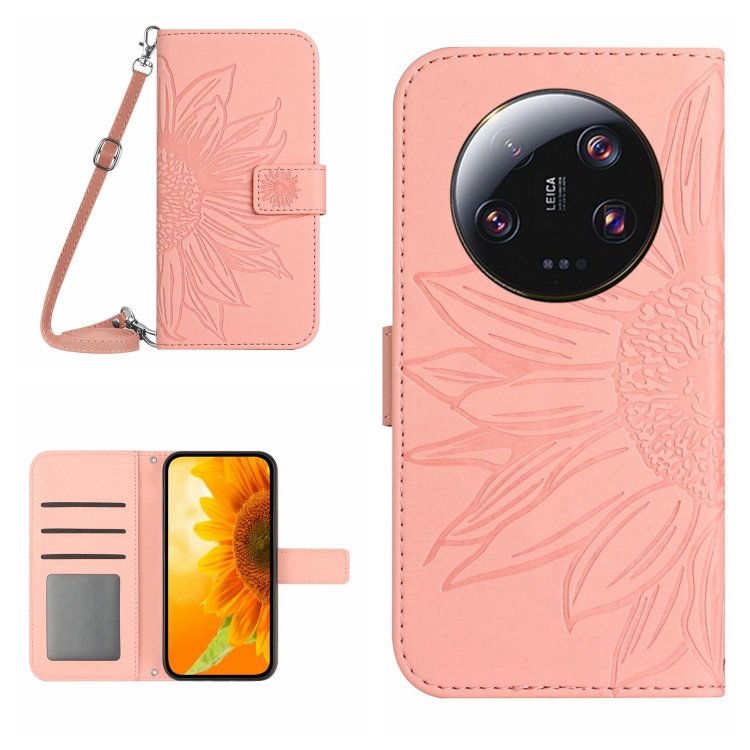 

For Xiaomi 14 Ultra Skin Feel Sun Flower Embossed Flip Leather Phone Case with Lanyard(Pink)