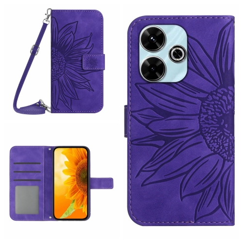 

For Xiaomi Redmi 13 4G Global Skin Feel Sun Flower Embossed Flip Leather Phone Case with Lanyard(Dark Purple)