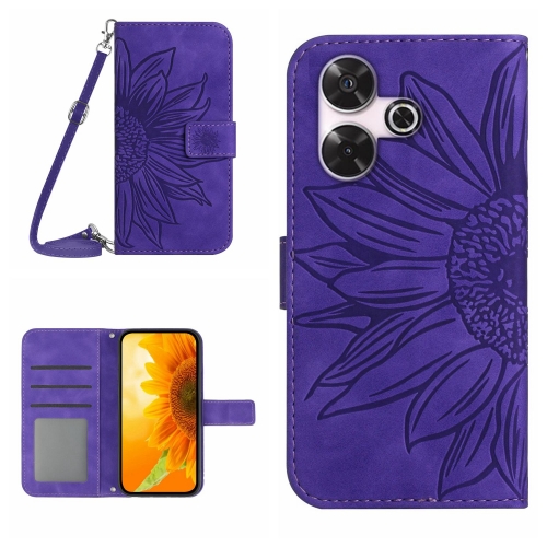 

For Xiaomi Redmi 13 4G Global Skin Feel Sun Flower Embossed Flip Leather Phone Case with Lanyard(Dark Purple)