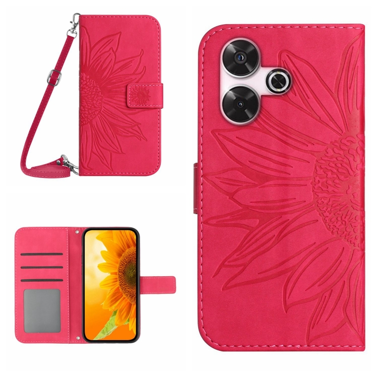 

For Xiaomi Redmi 13 4G Global / 5G Global Skin Feel Sun Flower Embossed Flip Leather Phone Case with Lanyard(Rose Red)
