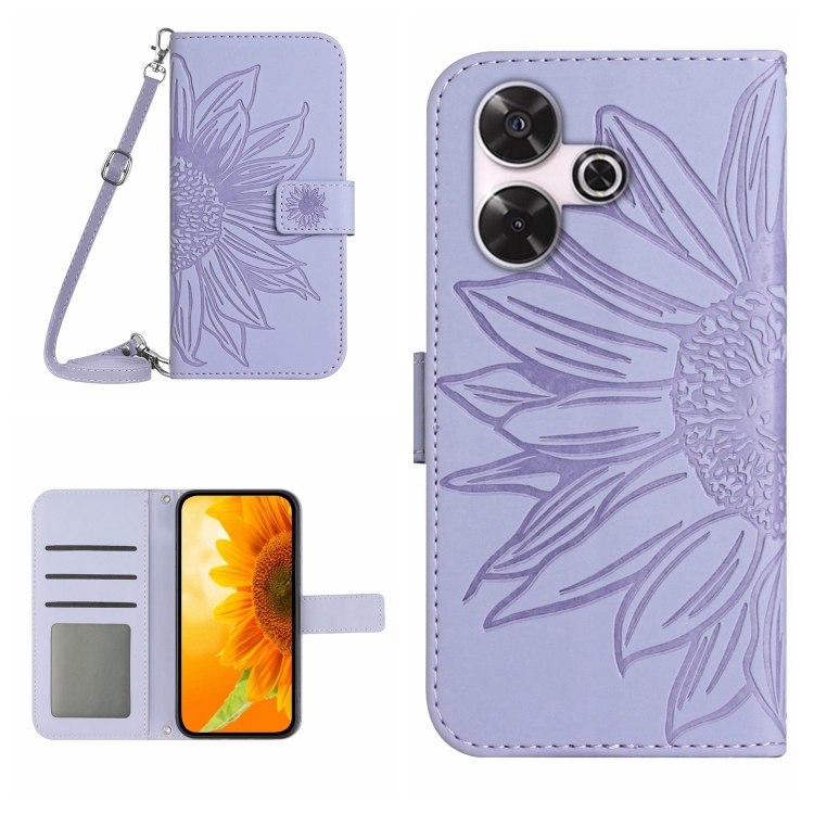

For Xiaomi Redmi 13 4G Global / 5G Global Skin Feel Sun Flower Embossed Flip Leather Phone Case with Lanyard(Purple)