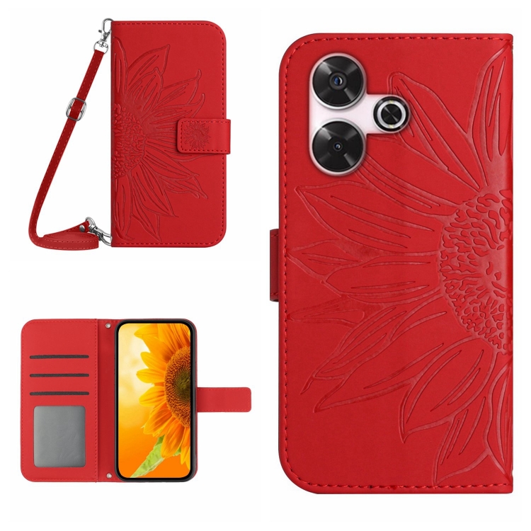 

For Xiaomi Redmi 13 4G Global / 5G Global Skin Feel Sun Flower Embossed Flip Leather Phone Case with Lanyard(Red)