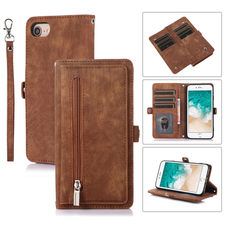 

For iPhone 8 / 7 / SE 2020 2022 Zipper Card Slot Buckle Wallet Leather Phone Case(Brown)