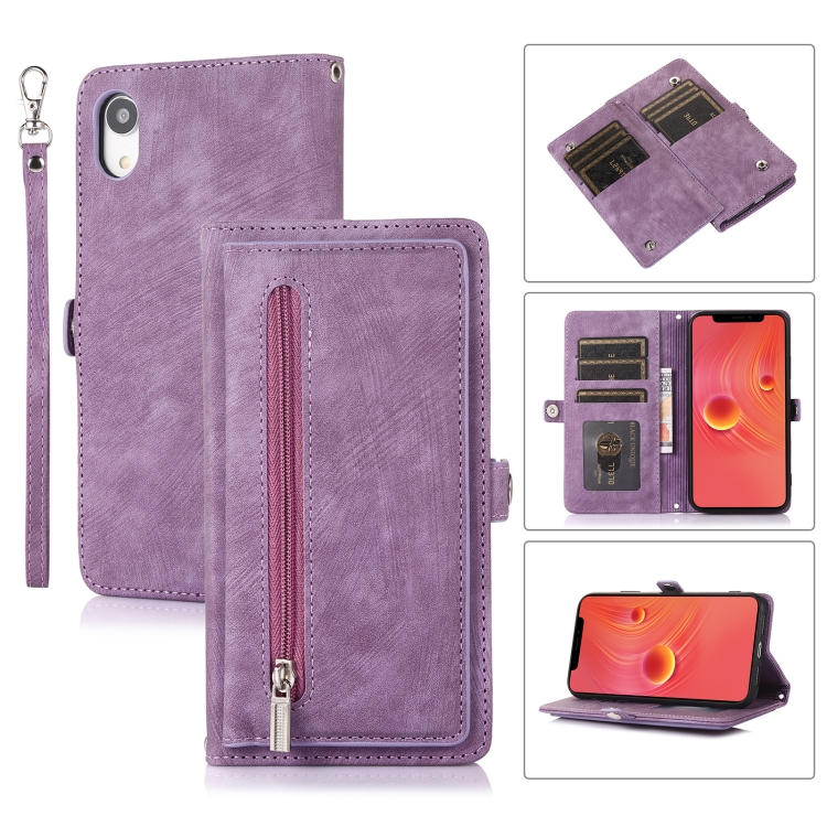

For iPhone XR Zipper Card Slot Buckle Wallet Leather Phone Case(Purple)