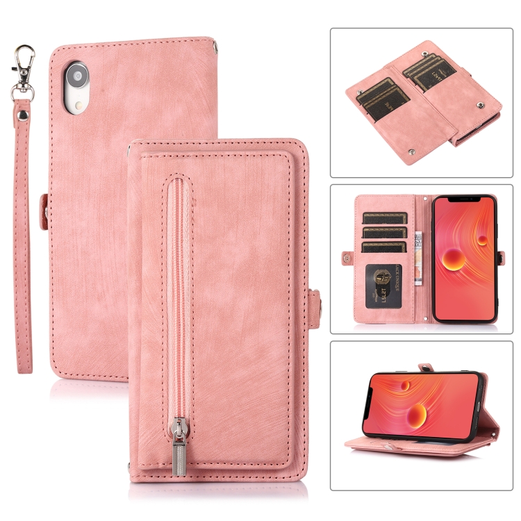 

For iPhone XR Zipper Card Slot Buckle Wallet Leather Phone Case(Pink)