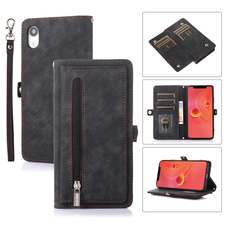 

For iPhone XR Zipper Card Slot Buckle Wallet Leather Phone Case(Black)