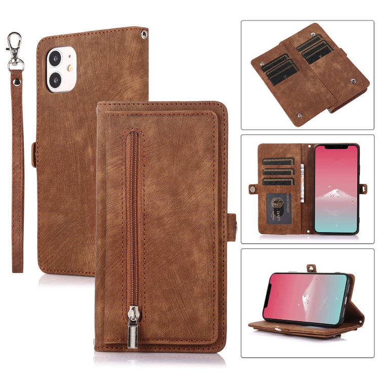 

For iPhone 11 Zipper Card Slot Buckle Wallet Leather Phone Case(Brown)