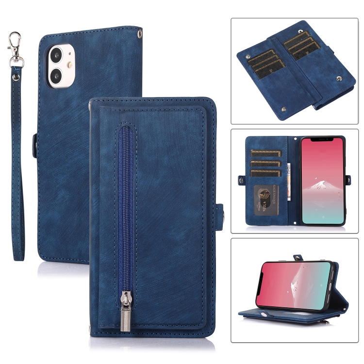 

For iPhone 11 Zipper Card Slot Buckle Wallet Leather Phone Case(Blue)