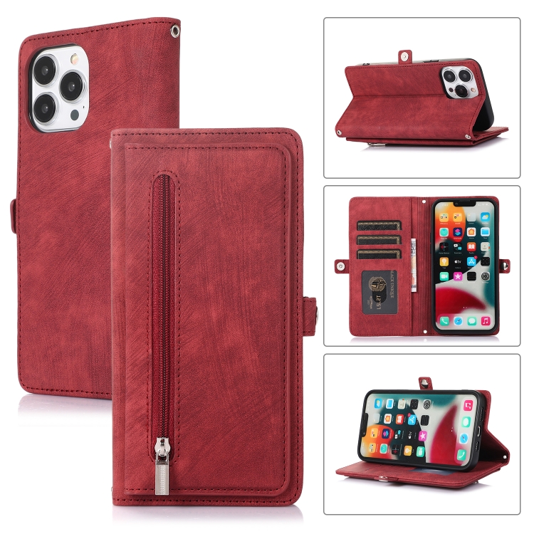 

For iPhone 13 Pro Zipper Card Slot Buckle Wallet Leather Phone Case(Red)
