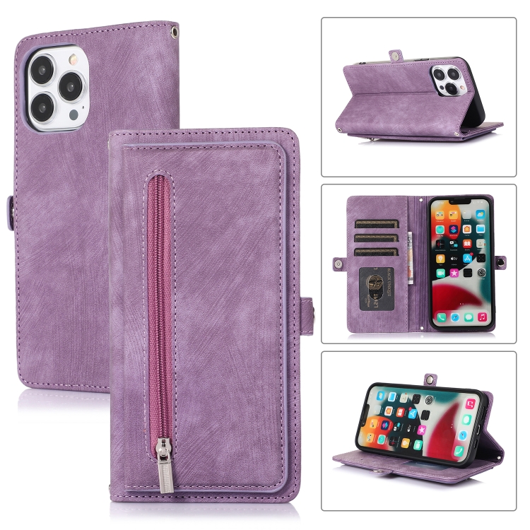 

For iPhone 13 Pro Zipper Card Slot Buckle Wallet Leather Phone Case(Purple)
