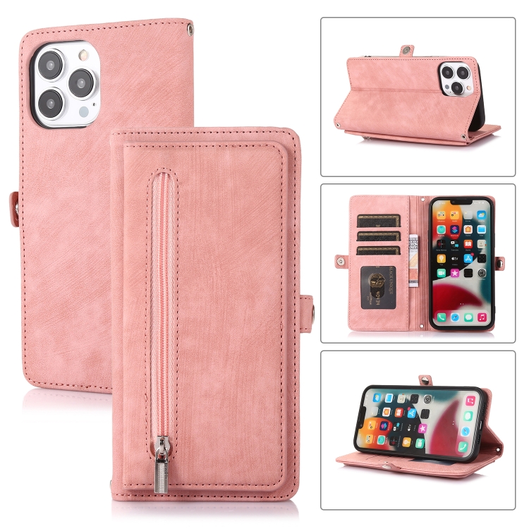 

For iPhone 13 Pro Zipper Card Slot Buckle Wallet Leather Phone Case(Pink)