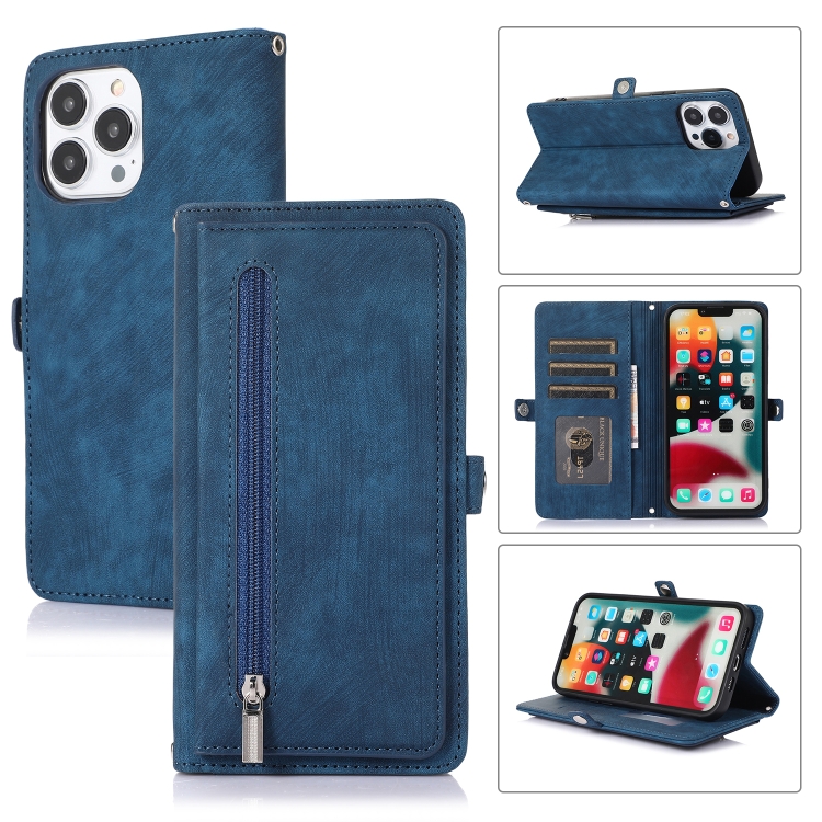 

For iPhone 13 Pro Zipper Card Slot Buckle Wallet Leather Phone Case(Blue)