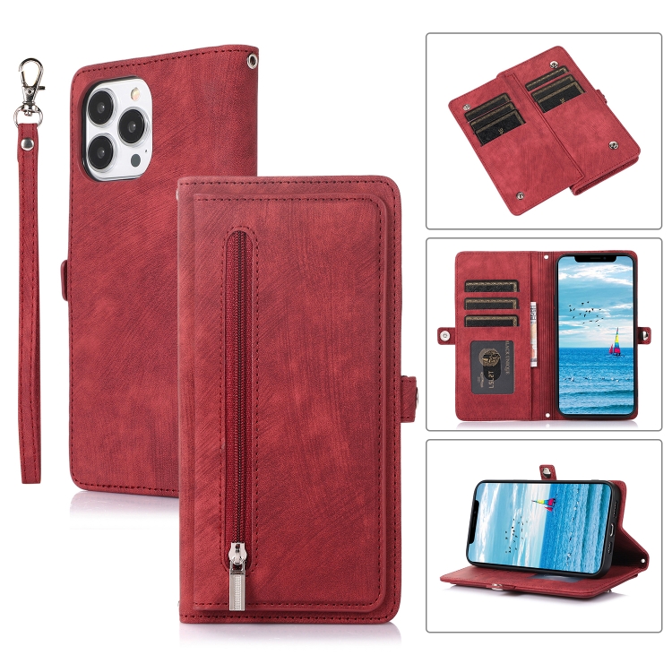 

For iPhone 13 Pro Max Zipper Card Slot Buckle Wallet Leather Phone Case(Red)