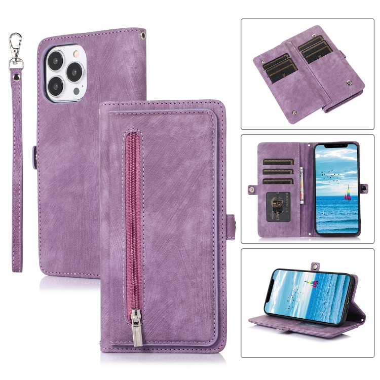 

For iPhone 13 Pro Max Zipper Card Slot Buckle Wallet Leather Phone Case(Purple)