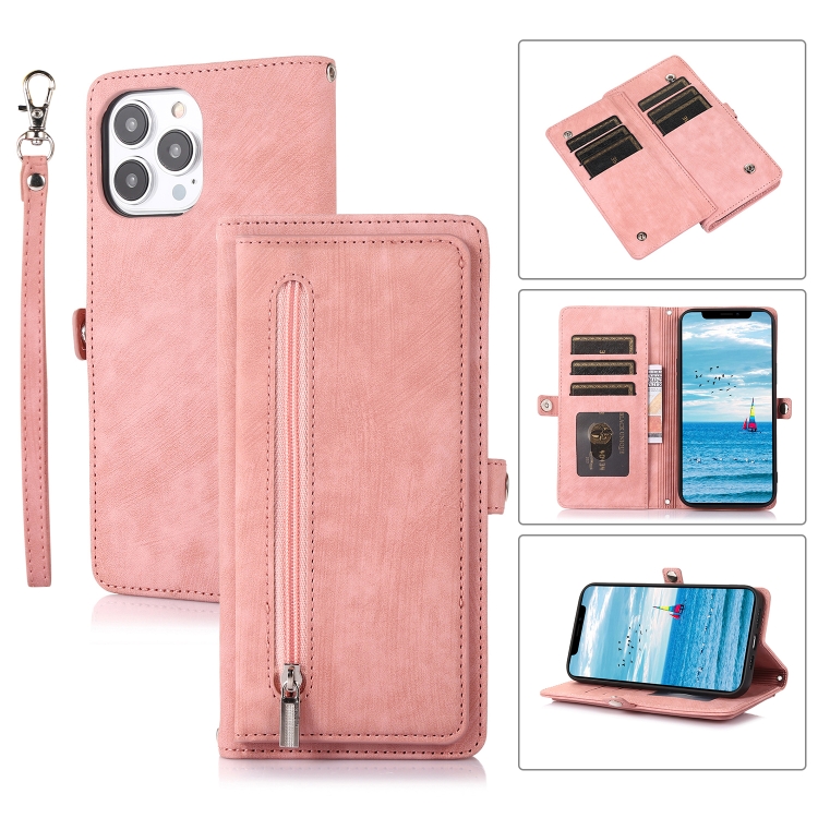 

For iPhone 13 Pro Max Zipper Card Slot Buckle Wallet Leather Phone Case(Pink)