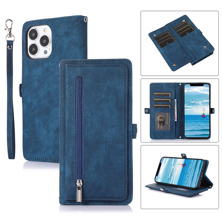 

For iPhone 13 Pro Max Zipper Card Slot Buckle Wallet Leather Phone Case(Blue)