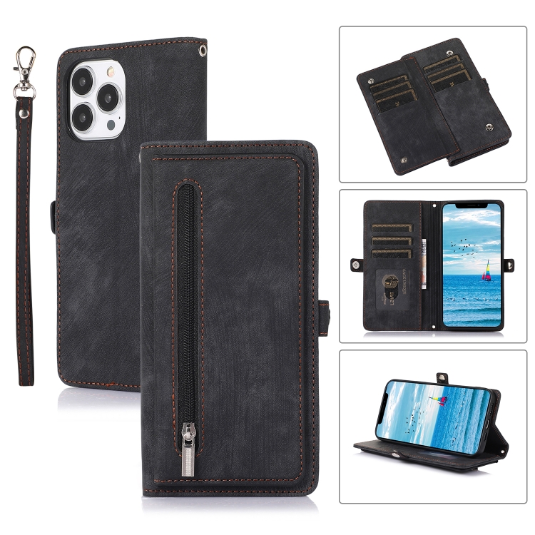 

For iPhone 13 Pro Max Zipper Card Slot Buckle Wallet Leather Phone Case(Black)