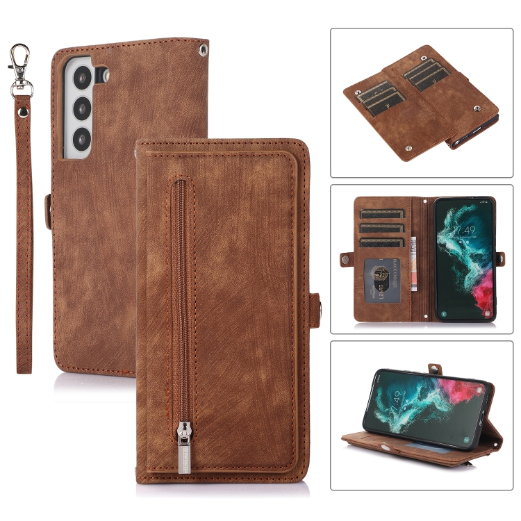 

For Samsung Galaxy S21 Zipper Card Slot Buckle Wallet Leather Phone Case(Brown)