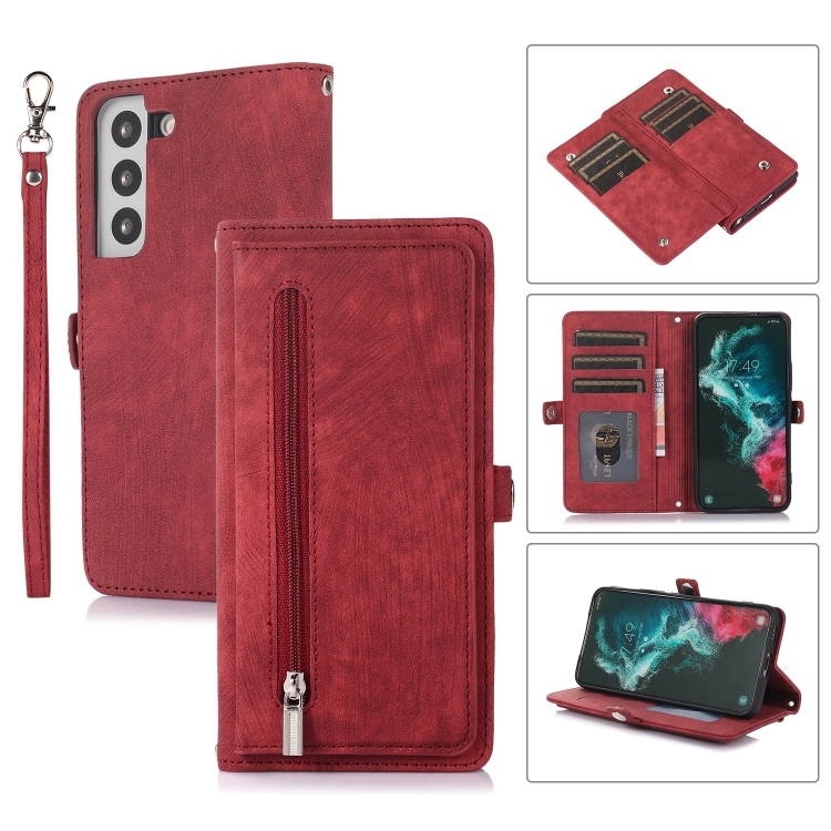

For Samsung Galaxy S21+ Zipper Card Slot Buckle Wallet Leather Phone Case(Red)