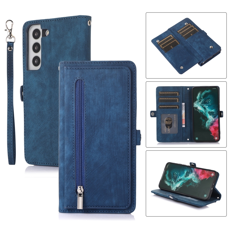 

For Samsung Galaxy S21+ Zipper Card Slot Buckle Wallet Leather Phone Case(Blue)