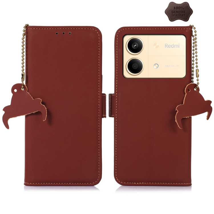

For Xiaomi Redmi Note 13R Pro Genuine Leather Magnetic RFID Leather Phone Case(Coffee)