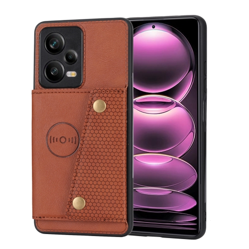

For Xiaomi Poco X5 / Redmi Note 12 5G Global Double Buckle Magnetic PU+TPU Phone Case(Brown)