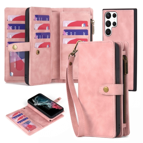 

For Samsung Galaxy S22 Ultra 5G Zipper Wallet Detachable MagSafe Leather Phone Case(Pink)