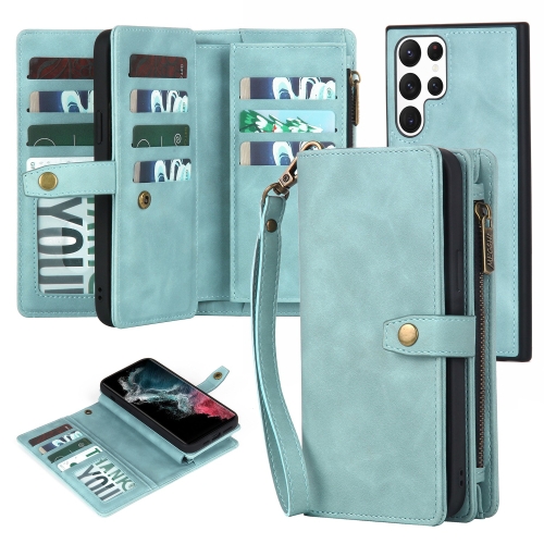 

For Samsung Galaxy S22 Ultra 5G Zipper Wallet Detachable MagSafe Leather Phone Case(Blue)