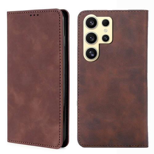 For Samsung Galaxy S24 Ultra 5G Skin Feel Magnetic Leather Phone Case(Dark Brown) for xiaomi redmi k60 ultra gloss oil solid color magnetic leather phone case brown