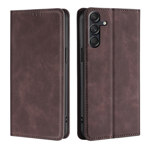 For Samsung Galaxy M55 5G Skin Feel Magnetic Leather Phone Case(Dark Brown)