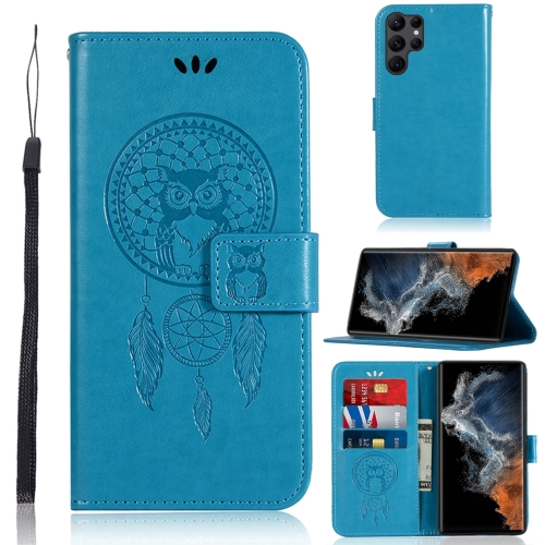 

For Samsung Galaxy S23 Ultra 5G Global Wind Chime Owl Embossing Pattern Leather Phone Case(Blue)