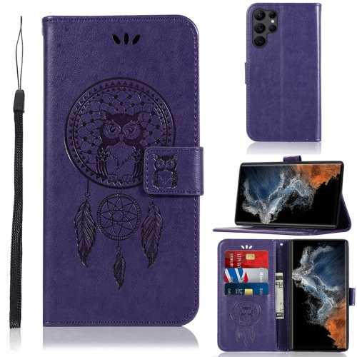 

For Samsung Galaxy S23 Ultra 5G Global Wind Chime Owl Embossing Pattern Leather Phone Case(Purple)