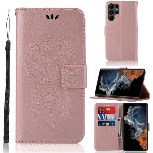 

For Samsung Galaxy S23 Ultra 5G Global Wind Chime Owl Embossing Pattern Leather Phone Case(Rose Gold)