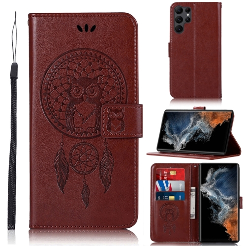 

For Samsung Galaxy S23 Ultra 5G Global Wind Chime Owl Embossing Pattern Leather Phone Case(Brown)