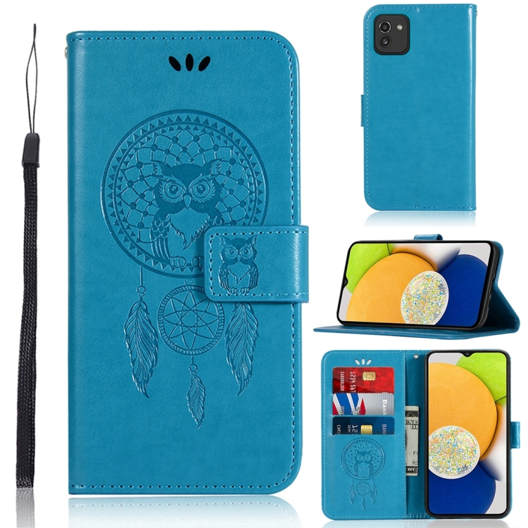 

For Samsung Galaxy A04e Global Wind Chime Owl Embossing Pattern Leather Phone Case(Blue)