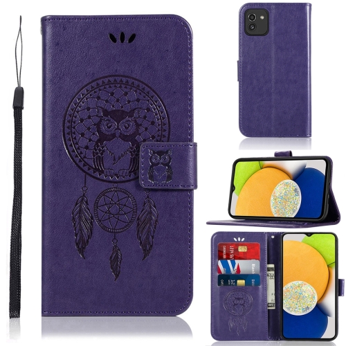 

For Samsung Galaxy A04e Global Wind Chime Owl Embossing Pattern Leather Phone Case(Purple)