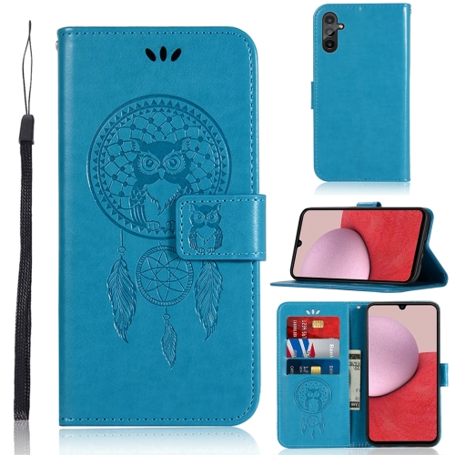 

For Samsung Galaxy A14 Global Wind Chime Owl Embossing Pattern Leather Phone Case(Blue)