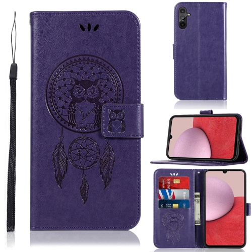

For Samsung Galaxy A14 Global Wind Chime Owl Embossing Pattern Leather Phone Case(Purple)
