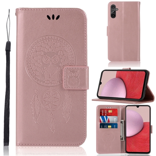 

For Samsung Galaxy A14 Global Wind Chime Owl Embossing Pattern Leather Phone Case(Rose Gold)